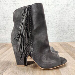 Dolce Vita Women's 9.5 Black Suede Leather Peep Toe Block Heel Fringe Booties